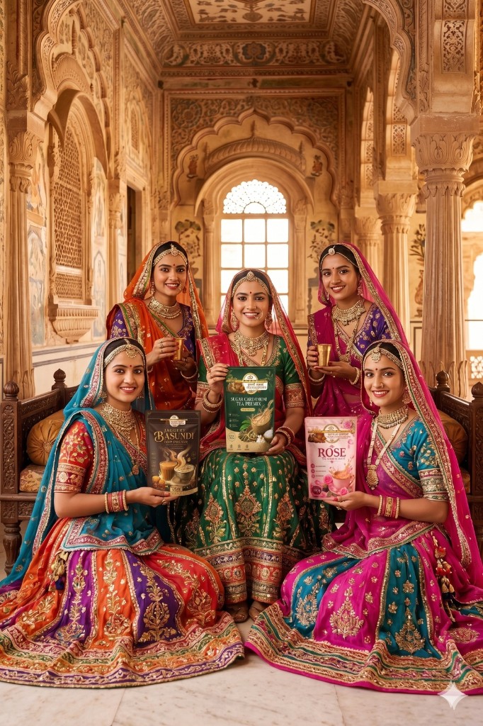 Women in traditional Rajasthani attire showcasing Krushnai Amrutulya tea premix products